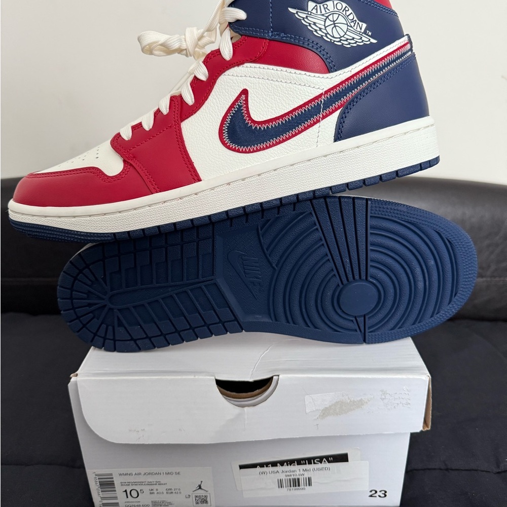 Nike Air Jordan 1 MID USA Red Blue Navy Women's Size 10.5 Shoes DQ7648-600 NIB